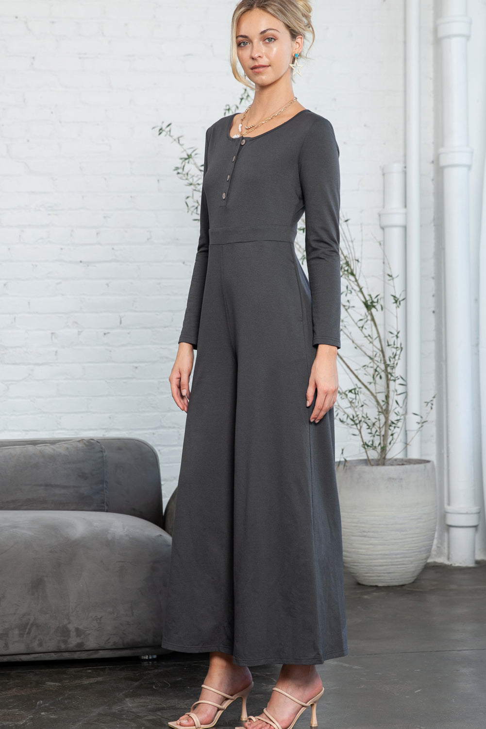Trinity Button Long Sleeve Wide Leg Jumpsuit for Women - Love Salve